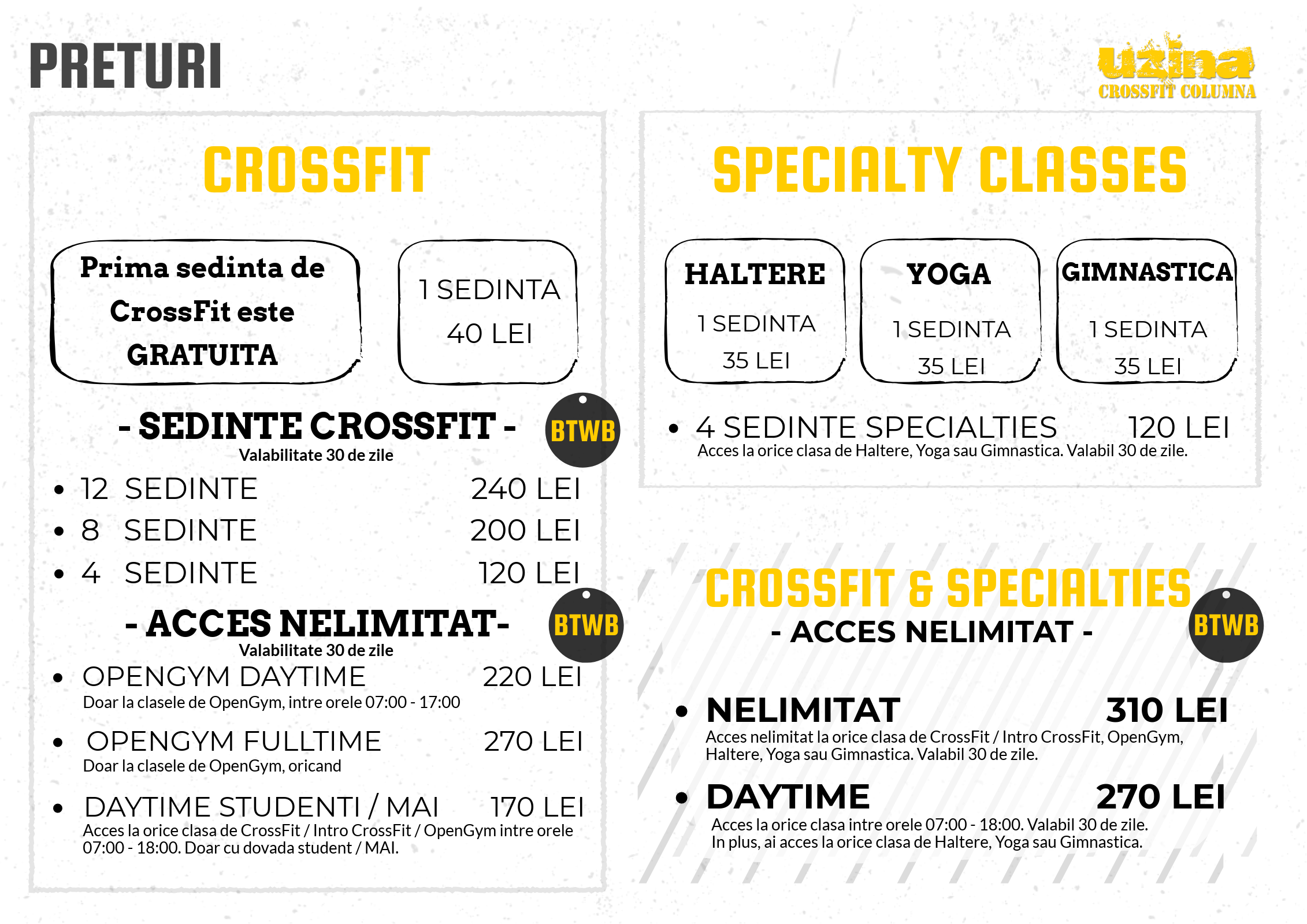 Preturi Uzina - Abonamente de CrossFit, Haltere, Gimnastica si Yoga