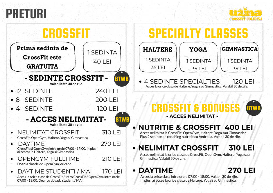 Preturi Uzina CrossFit Columna - abonament CrossFit, Haltere, Gimnastica si Yoga